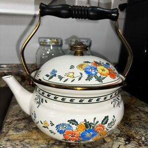 Kamenstein Enamel Floral Tea Kettle Wood Handle Vintage Kitchen Decor Teapot